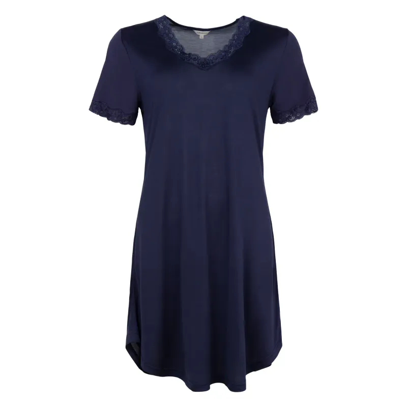 Lady Avenue Strikket Silke Nattkjole Kort Arm Indigo